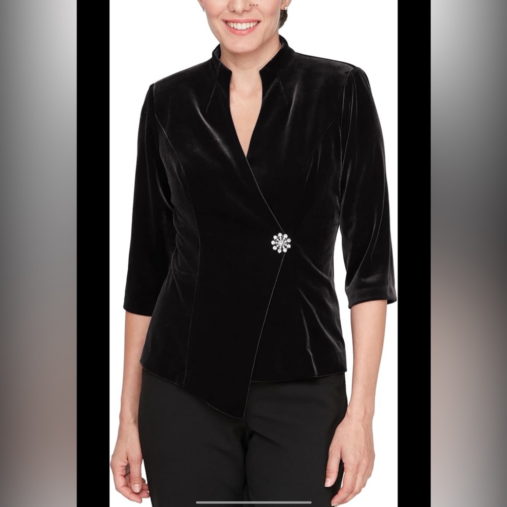 Alex Evenings Velvet Asymmetric Pointed Hem Blouse With Embellished Closure NWT